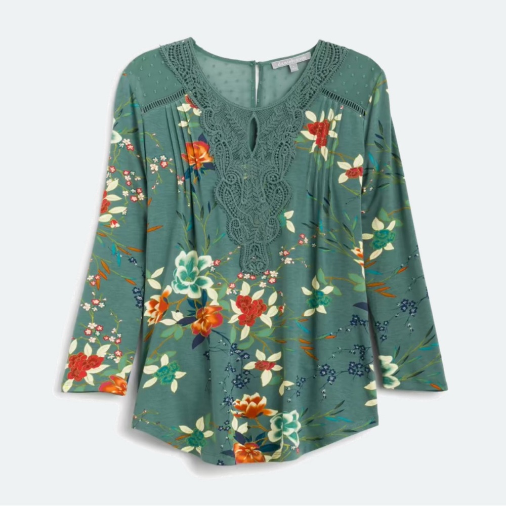 Stitch Fix Daniel Rainn Dalina Crochet Detail Knit Teal Floral Top, Small, Boho